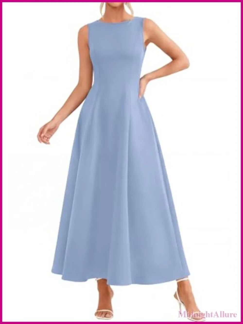Elegant Sleeveless Maxi Dress with Pockets, Stretch Knit, A-Line, Crew Neck